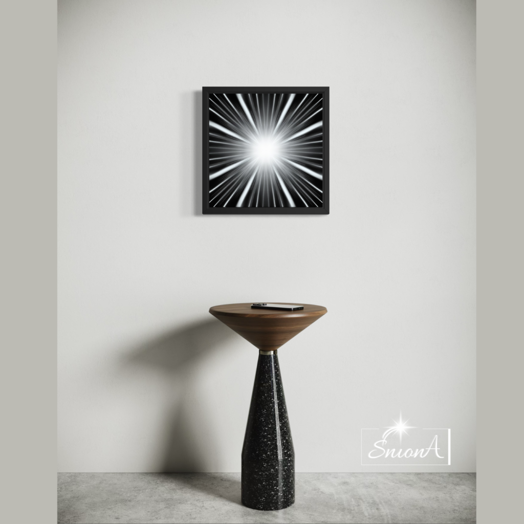 sztuka-energetyczna-w-domowym-wnetrzu Grafika SnionA prezentowana w eleganckim, minimalistycznym wnętrzu typu galeria.